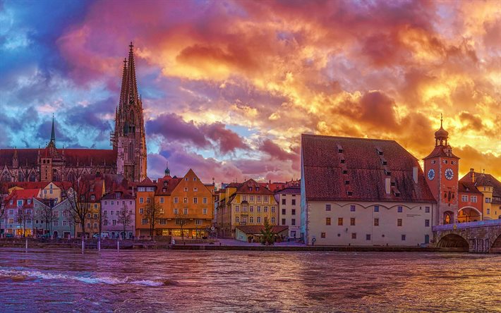 4k, Regensburg Cathedral, HDR, embankment, german cities, Europe, Germany, Regensburg, Cities of Germany, sunset, Regensburg Germany, cityscapes