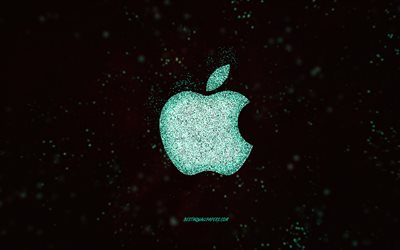 Apple glitter logo, black background, Apple logo, turquoise glitter art, Apple, creative art, Apple turquoise glitter logo