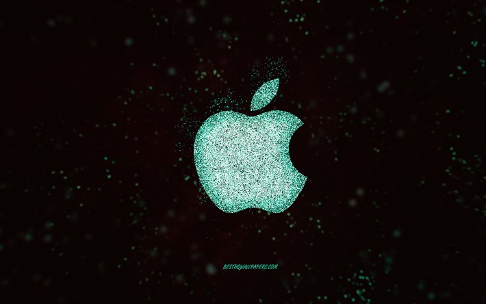 Apple glitter-logo, musta tausta, Apple-logo, turkoosi kimalletaide, Apple, luova taide, Apple turkoosi glitter-logo