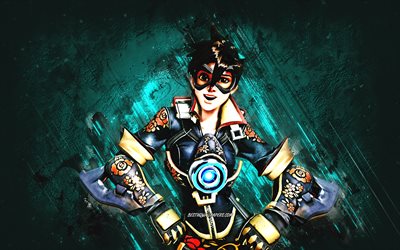 Tracer, Overwatch, turquoise stone background, Lena Oxton, Tracer character, Overwatch characters, grunge art, Overwatch heroes, Tracer hero, Tracer Overwatch
