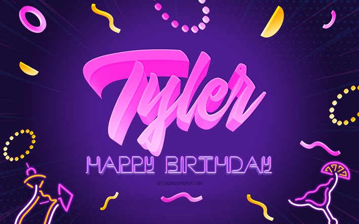 Buon compleanno Tyler, 4k, Sfondo festa viola, Tyler, arte creativa, Nome Tyler, Compleanno Tyler, Sfondo festa di compleanno