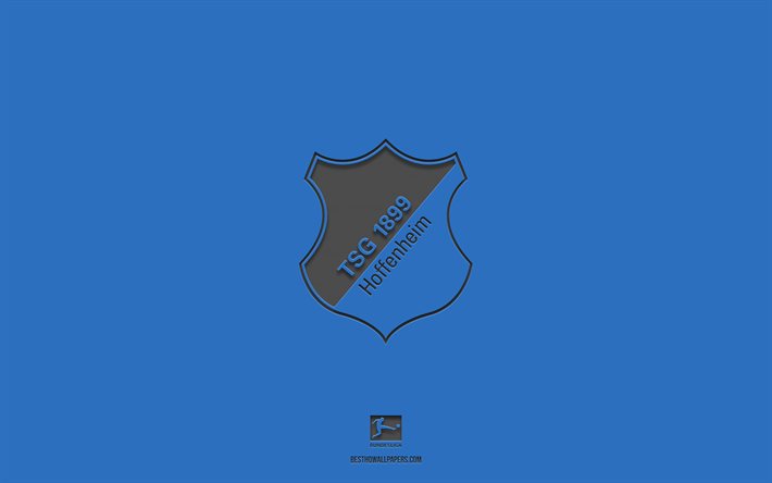 TSG 1899 Hoffenheim, fundo azul, time de futebol alem&#227;o, emblema do TSG 1899 Hoffenheim, Bundesliga, Alemanha, futebol, logotipo do TSG 1899 Hoffenheim