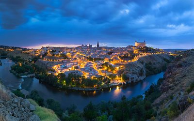 Toledo, evening, sunset, Toledo panorama, Monastery of San Juan de los Reyes, Toledo Cathedral, Alcazar of Toledo, Toledo cityscape, Spain