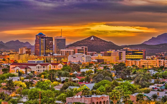 Tucson, noite, p&#244;r do sol, panorama de Tucson, paisagem urbana de Tucson, Arizona, EUA, horizonte de Tucson