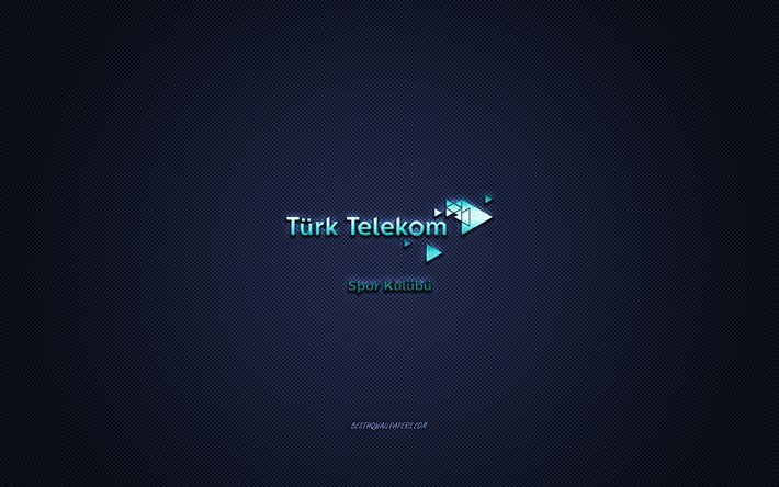 Turk Telekom BK, club de basket-ball turc, logo turquoise, fond bleu en fibre de carbone, Basketbol Super Ligi, basket-ball, Ankara, Turquie, logo Turk Telekom BK