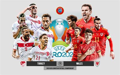 Turkki vs Wales, UEFA Euro 2020, Esikatselu, mainosmateriaalit, jalkapalloilijat, Euro 2020, jalkapallo-ottelu, Turkin jalkapallomaajoukkue, Walesin jalkapallomaajoukkue