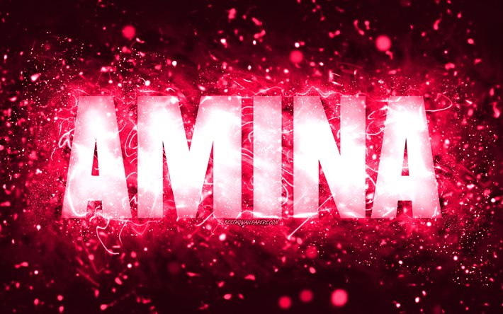 Happy Birthday Amina, 4k, pink neon lights, Amina name, creative, Amina Happy Birthday, Amina Birthday, popular american female names, picture with Amina name, Amina
