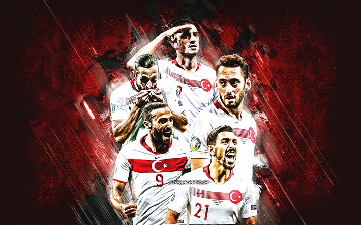 Turkey national football team, red stone background, Turkey, football, Hakan Сalhanoglu, Ozan Kabak, Cenk Tosun