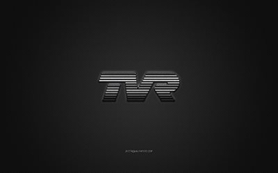 TVRロゴ, シルバーロゴ, 灰色の炭素繊維の背景, TVRメタルエンブレム, TVR, 車のブランド, クリエイティブアート