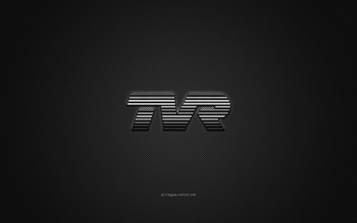 Logo TVR, logo argento, sfondo grigio in fibra di carbonio, emblema in metallo TVR, TVR, marchi di automobili, arte creativa