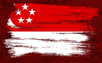 4k, Bandeira de Cingapura, bandeiras do grunge, pa&#237;ses asi&#225;ticos, s&#237;mbolos nacionais, pincelada, bandeira de Cingapura, arte do grunge, &#193;sia, Cingapura