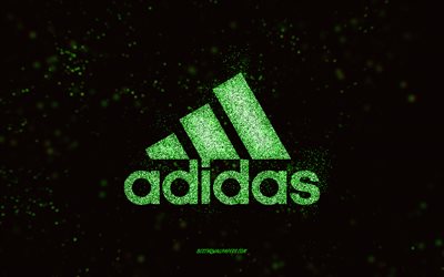 Logo de paillettes Adidas, fond noir, logo Adidas, art de paillettes vertes, Adidas, art cr&#233;atif, logo de paillettes vertes Adidas