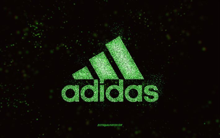 Adidas glitter logo, black background, Adidas logo, green glitter art, Adidas, creative art, Adidas green glitter logo