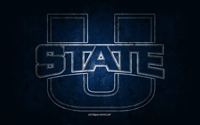 Utah State Aggies, American football team, blue background, Utah State Aggies logo, grunge art, NCAA, American football, Utah State Aggies emblem