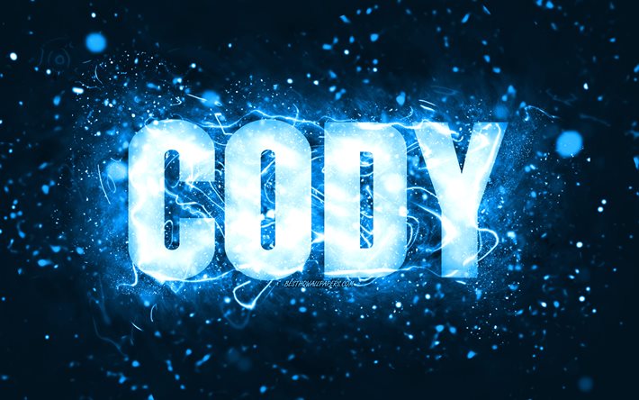 Buon compleanno Cody, 4k, luci al neon blu, nome Cody, creativo, buon compleanno Cody, compleanno Cody, nomi maschili americani popolari, foto con nome Cody, Cody