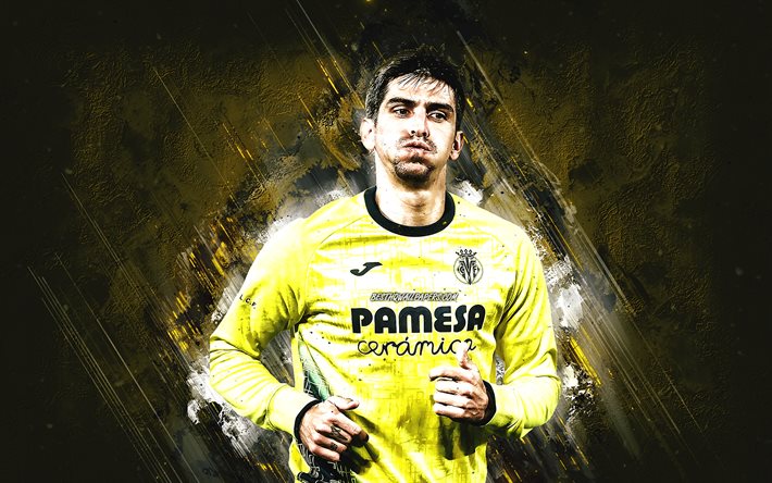 Gerard Moreno, Villarreal CF, spansk fotbollsspelare, portr&#228;tt, gul stenbakgrund, fotboll, La Liga, Villarreal