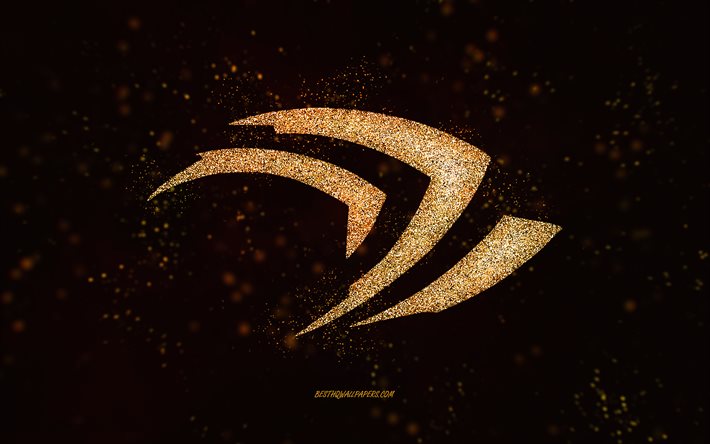 Logo paillet&#233; Nvidia, fond noir, logo Nvidia, art paillet&#233; dor&#233;, Nvidia, art cr&#233;atif, logo paillettes en or Nvidia