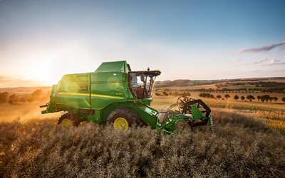 John Deere W550i HillMaster, 4k, sunset, combine harvester, 2021 combines, rape harvest, harvesting concepts, agriculture concepts, John Deere