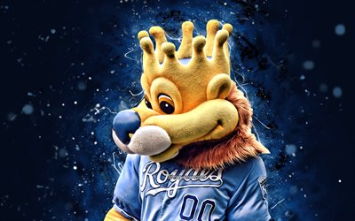 Sluggerrr, 4k, mascotte, Kansas City Royals, luci al neon blu, MLB, mascotte kansas city royals, mascotte MLB, mascotte ufficiale, mascotte Sluggerrr