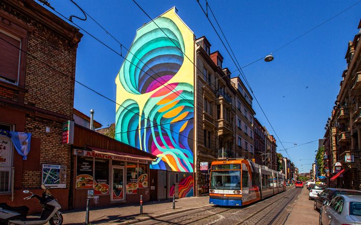 Mannheim, murals, old streets, cityscapes, summer, german cities, Europe, Germany, Cities of Germany, trams, Mannheim Germany