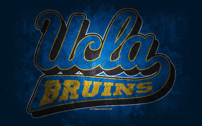 UCLA Bruins, amerikkalaisen jalkapallon joukkue, sininen tausta, UCLA Bruinsin logo, grunge-taide, NCAA, amerikkalainen jalkapallo, UCLA Bruinsin tunnus