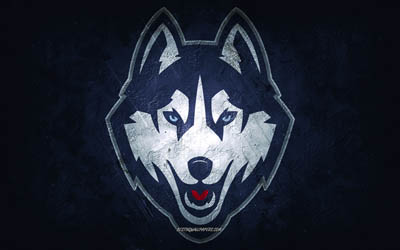 UConn Huskies, American football team, blue background, UConn Huskies logo, grunge art, NCAA, American football, UConn Huskies emblem