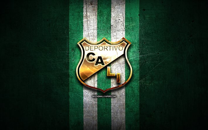 Deportivo Cali FC, logotipo dourado, Categoria Primera A, fundo de metal verde, futebol, clube de futebol colombiano, logotipo do Deportivo Cali, Deportivo Cali