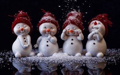 bonhommes de neige, 4k, art 3D, fond fonc&#233;, bonne ann&#233;e, chutes de neige, bonhommes de neige mignons, bonhomme de neige