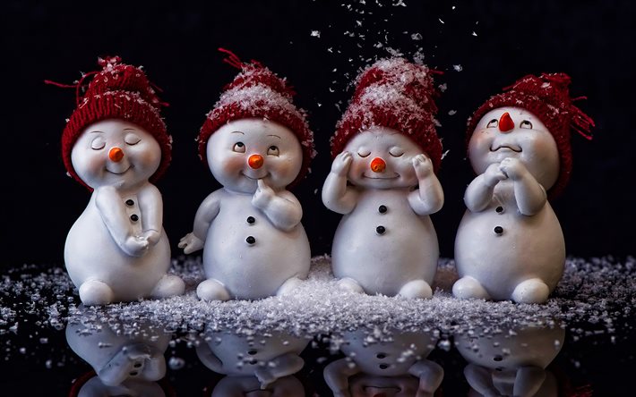 snowmen, 4k, 3D art, dark background, Happy New Year, snowfall, cute snowmen, snowman
