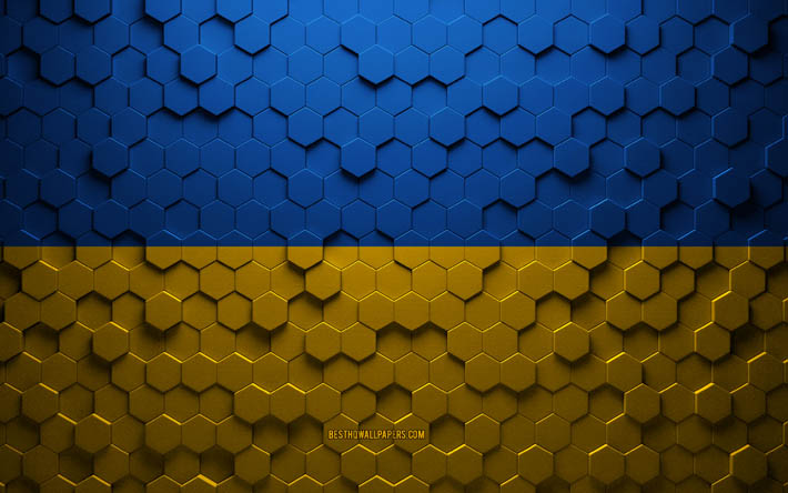 Drapeau de l’Ukraine, art nid d’abeilles, Ukraine hexagones drapeau, Ukraine, 3d hexagones art, drapeau de l’Ukraine