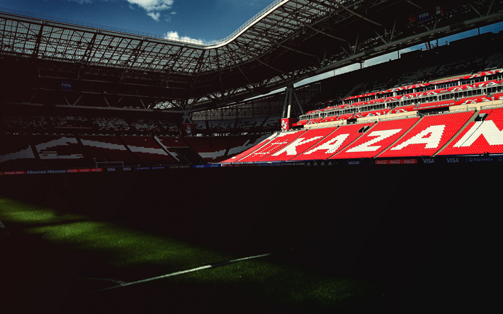 Kazan Arena, 2018 World Cup, football stadium, Kazan, Tatarstan, Russia, world championship, football green lawn, red stands