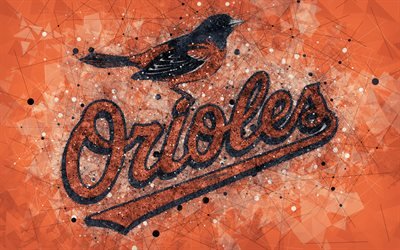 Baltimore Orioles, 4k, art, logo, Amerikkalainen baseball club, geometrinen taide, oranssi abstrakti tausta, American League, MLB, Baltimore, Meryland, USA, baseball, Major League Baseball