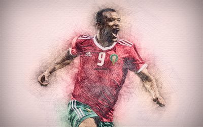 Ayoub El Kaabi, 4k, Marocain de l&#39;&#233;quipe de football, les illustrations, le football, El Kaabi, les footballeurs, dessin Ayoub El Kaabi, le Maroc de l&#39;&#201;quipe Nationale