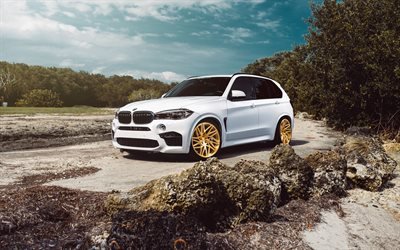 BMW X5M, 2018, luxury white SUV, tuning, gold wheels, VELOS, white X5M, German cars, BMW