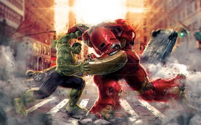 Hulkbuster مقابل الهيكل, 4k, الأبطال الخارقين, معركة, كاريكاتير الأعجوبة, Hulkbuster, الهيكل