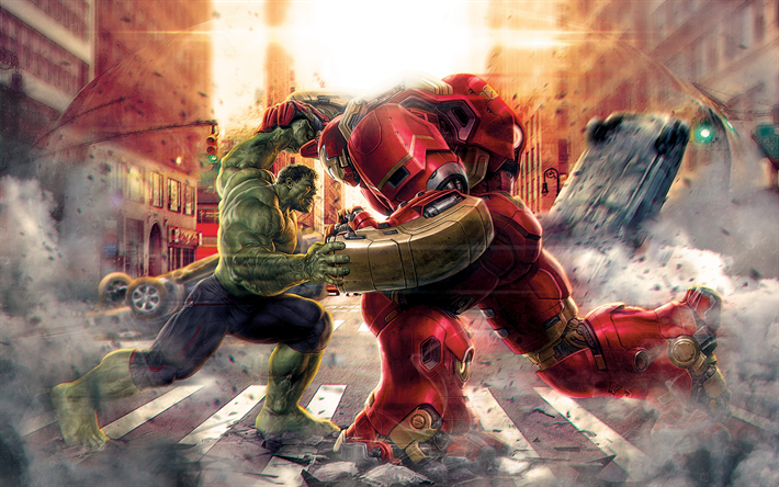 Hulkbuster مقابل الهيكل, 4k, الأبطال الخارقين, معركة, كاريكاتير الأعجوبة, Hulkbuster, الهيكل
