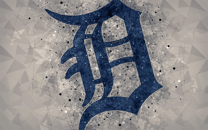 Des Detroit Tigers, 4k, l&#39;art, le logo, l&#39;american club de baseball, art g&#233;om&#233;trique, gris fond abstrait, de la Ligue Am&#233;ricaine, MLB, Detroit, Michigan, etats-unis, le baseball, Ligue Majeure de Baseball