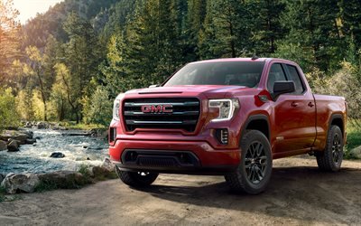 GMC Sierra, 2019, Elevation, Doule Cab, front view, red pickup truck, new red Sierra, American SUV, GMC