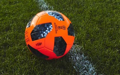 Adidas Telstar 18, Official orange soccer ball, FIFA World Cup 2018, World Cup 2018, Adidas, Russia 2018, ball on the grass, football, Telstar
