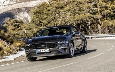 Ford Mustang GT, 2018, cabriolet, spor coupe, koyu gri Mustang, siyah yumuşak tavan, Amerikan otomobil, Ford