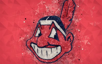 Cleveland Indians, 4k, sanat, logosu, Amerikan beyzbol kul&#252;b&#252;, geometrik sanat, soyut kırmızı arka plan, Amerikan Ligi, HABERLER, Cleveland, Ohio, ABD, beyzbol, Beyzbol birinci Ligi