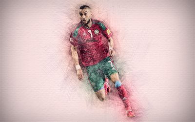 Hakim Ziyech, 4k, Marocchino squadra di calcio, opere d&#39;arte, calcio, Ziyech, calciatori, disegno Hakim Ziyech, Marocco nazionale