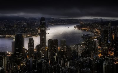 香港, 夜, 高層ビル群, 大都市, 湾, 近代的な都市, 中国