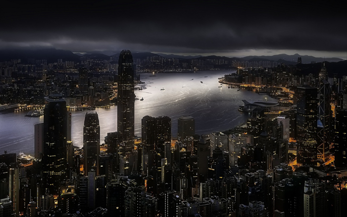 Hong Kong, la nuit, gratte-ciel, de la m&#233;tropole, de la baie, la ville moderne, la Chine
