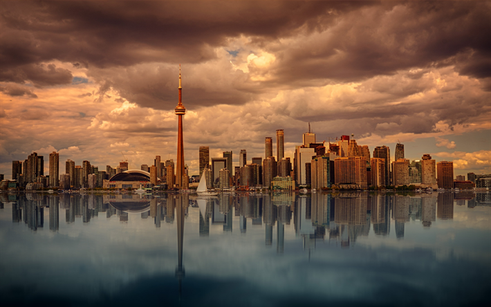 La Tour CN, urbain, ligne d&#39;horizon, Toronto, Canada, Ontario, lac, paysage urbain, gratte-ciel, la tour de T&#201;L&#201;VISION