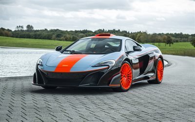 McLaren 675LT MSO, 2018, Gulf Racing, supercar, tuning, racing car, orange wheels, British sports cars, McLaren