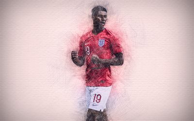 4k, Marcus Rashford, squadra di calcio inglese, illustrazione, calcio, Rashford, i calciatori, il disegno di Marcus Rashford, Nazionale inglese