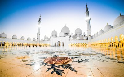 4k, Sheikh Zayed Grand Mosque, F&#246;renade ARABEMIRATEN, Abu Dhabi, Islamisk arkitektur, torget, F&#246;renade Arabemiraten