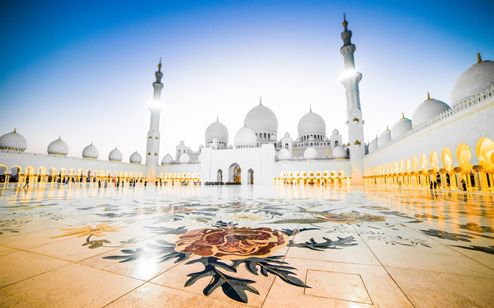 4k, Sheikh Zayed Grand Mosque, UAE, Abu Dhabi, Islamilainen arkkitehtuuri, square, Yhdistyneet Arabiemiirikunnat
