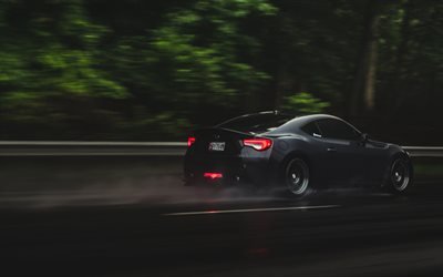Subaru BRZ, tuning, rain, supercars, motion blur, black BRZ, Subaru